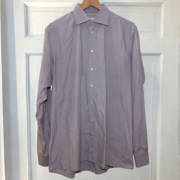 Eton Contemporary Fit Dress Shirt Mens XL 43/17 Blue Orange Micro Check Formal - Picture 4 of 7